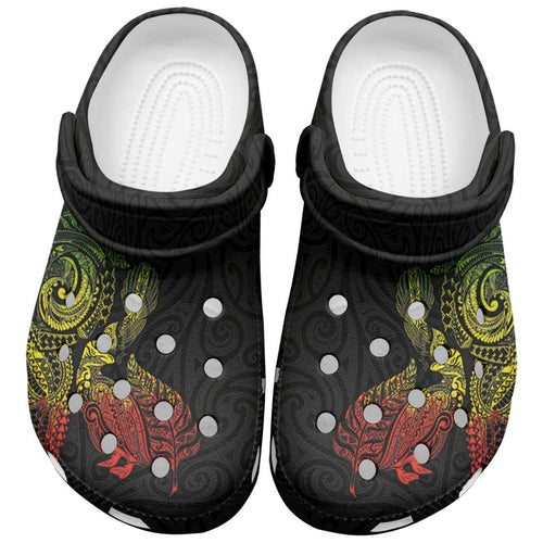 Aotearoa Moko Tribal Tattoo Clogs Shoes New Zealand Maori Penguin and Fantail Reggae Style