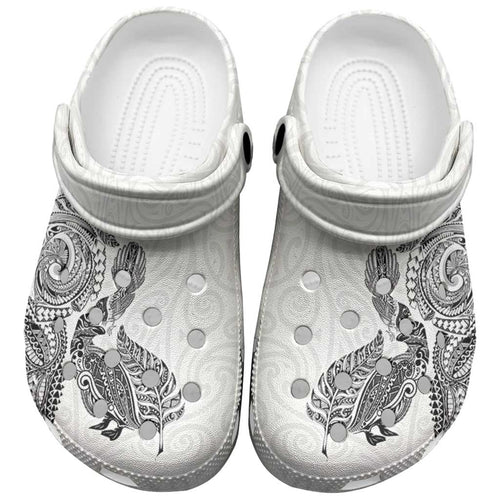 Aotearoa Moko Tribal Tattoo Clogs Shoes New Zealand Maori Penguin and Fantail White Color