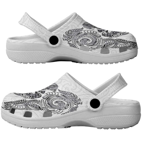 Aotearoa Moko Tribal Tattoo Clogs Shoes New Zealand Maori Penguin and Fantail White Color