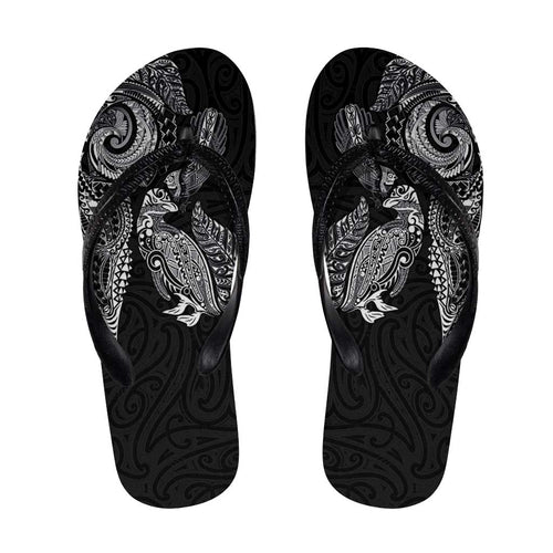 Aotearoa Moko Tribal Tattoo Flip Flops New Zealand Maori Penguin and Fantail Black Color
