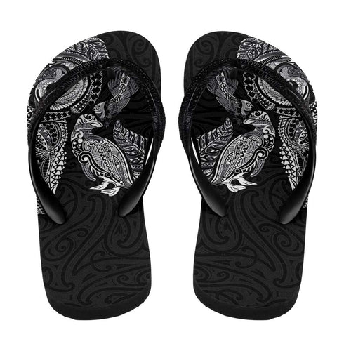 Aotearoa Moko Tribal Tattoo Flip Flops New Zealand Maori Penguin and Fantail Black Color
