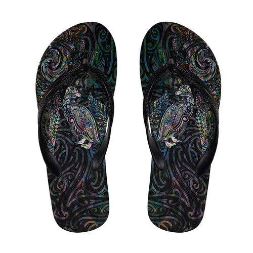 Aotearoa Moko Tribal Tattoo Flip Flops New Zealand Maori Penguin and Fantail Paua Shell Style
