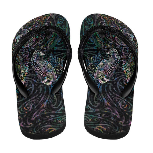 Aotearoa Moko Tribal Tattoo Flip Flops New Zealand Maori Penguin and Fantail Paua Shell Style
