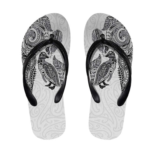 Aotearoa Moko Tribal Tattoo Flip Flops New Zealand Maori Penguin and Fantail White Color