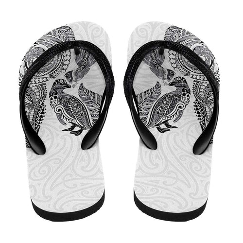 Aotearoa Moko Tribal Tattoo Flip Flops New Zealand Maori Penguin and Fantail White Color