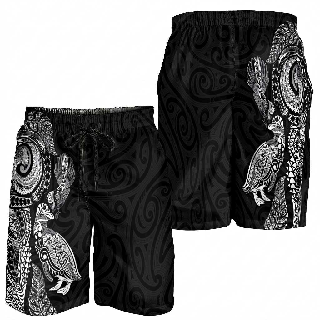Aotearoa Moko Tribal Tattoo Shorts for Men New Zealand Maori Penguin and Fantail Black Color