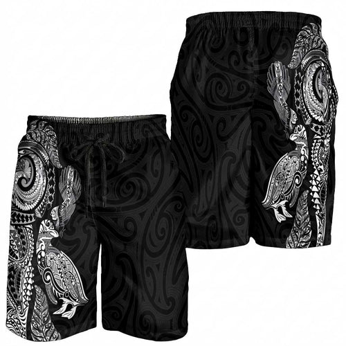 Aotearoa Moko Tribal Tattoo Shorts for Men New Zealand Maori Penguin and Fantail Black Color