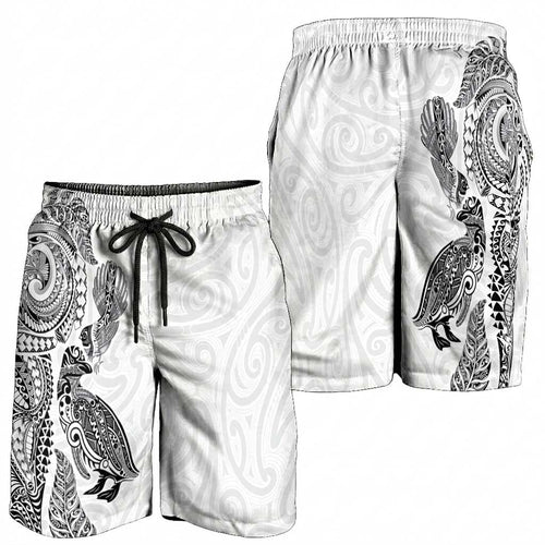Aotearoa Moko Tribal Tattoo Shorts for Men New Zealand Maori Penguin and Fantail White Color
