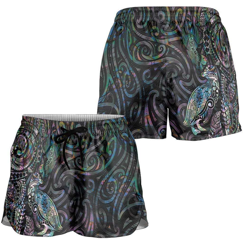 Aotearoa Moko Tribal Tattoo Shorts for Women New Zealand Maori Penguin and Fantail Paua Shell Style