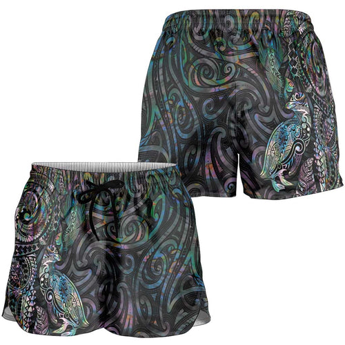 Aotearoa Moko Tribal Tattoo Shorts for Women New Zealand Maori Penguin and Fantail Paua Shell Style