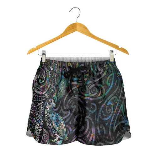 Aotearoa Moko Tribal Tattoo Shorts for Women New Zealand Maori Penguin and Fantail Paua Shell Style