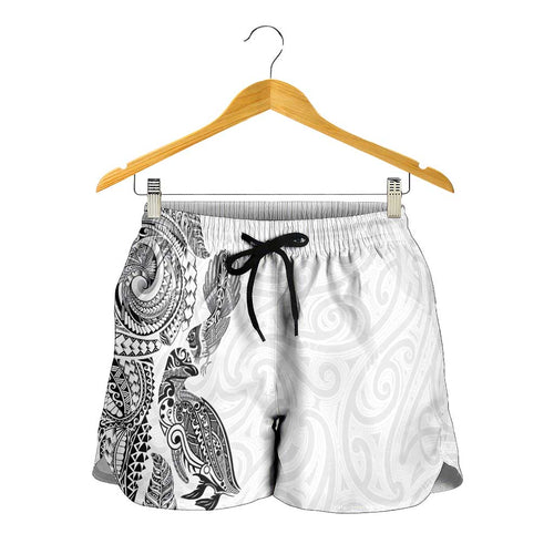 Aotearoa Moko Tribal Tattoo Shorts for Women New Zealand Maori Penguin and Fantail White Color