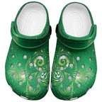 Aotearoa New Zealand New Year Clogs Shoes Tribal Koru Tattoo Green Galaxy Maori Silver Fern