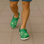 Aotearoa New Zealand New Year Clogs Shoes Tribal Koru Tattoo Green Galaxy Maori Silver Fern