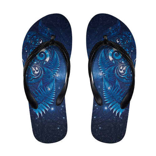 Aotearoa New Zealand New Year Flip Flops Tribal Koru Tattoo Blue Galaxy Maori Silver Fern