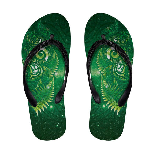 Aotearoa New Zealand New Year Flip Flops Tribal Koru Tattoo Green Galaxy Maori Silver Fern