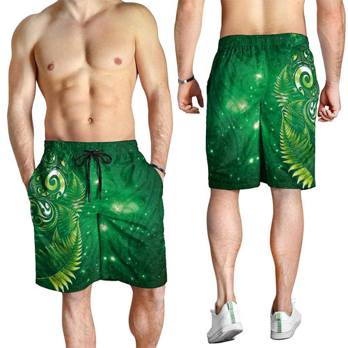 Aotearoa New Zealand New Year Shorts for Men Tribal Koru Tattoo Green Galaxy Maori Silver Fern