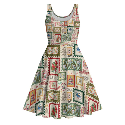 Aussie Birds Christmas La La Land Midi Dress Beige Vintage Stamp Edition - Aussie Hoodie