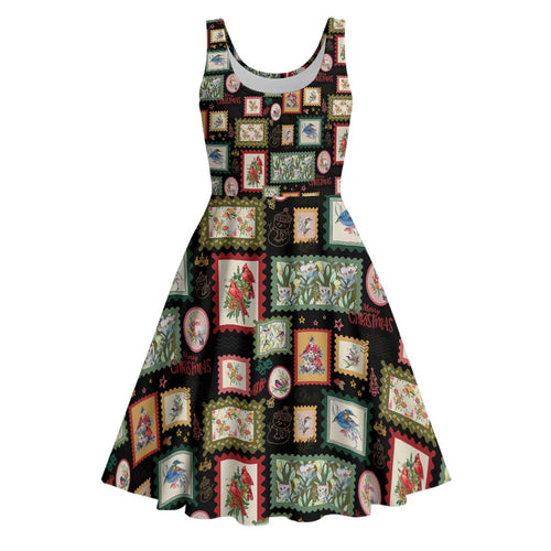 Aussie Birds Christmas La La Land Midi Dress Black Vintage Stamp Edition - Aussie Hoodie
