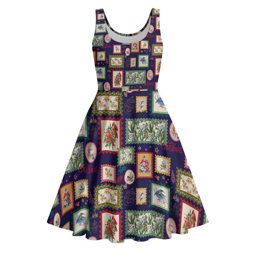 Aussie Birds Christmas La La Land Midi Dress Navy Blue Vintage Stamp Edition - Aussie Hoodie