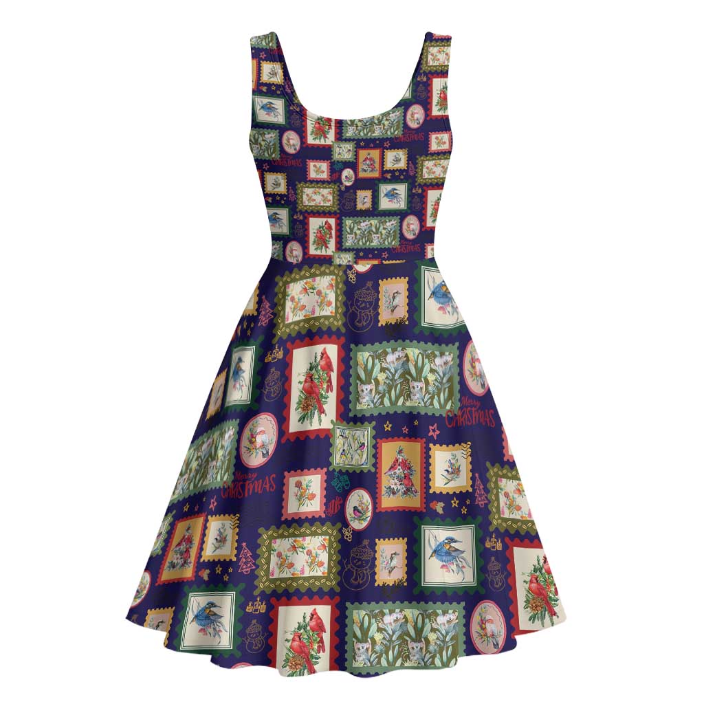 Aussie Birds Christmas La La Land Midi Dress Navy Blue Vintage Stamp Edition - Aussie Hoodie