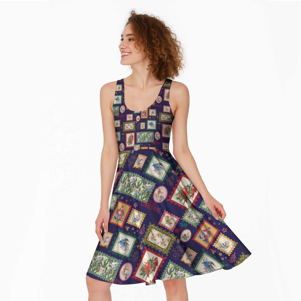 Aussie Birds Christmas La La Land Midi Dress Navy Blue Vintage Stamp Edition - Aussie Hoodie