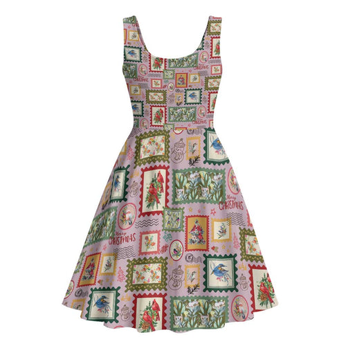Aussie Birds Christmas La La Land Midi Dress Pink Vintage Stamp Edition - Aussie Hoodie