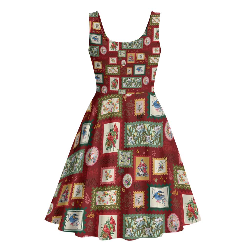 Aussie Birds Christmas La La Land Midi Dress Red Vintage Stamp Edition - Aussie Hoodie