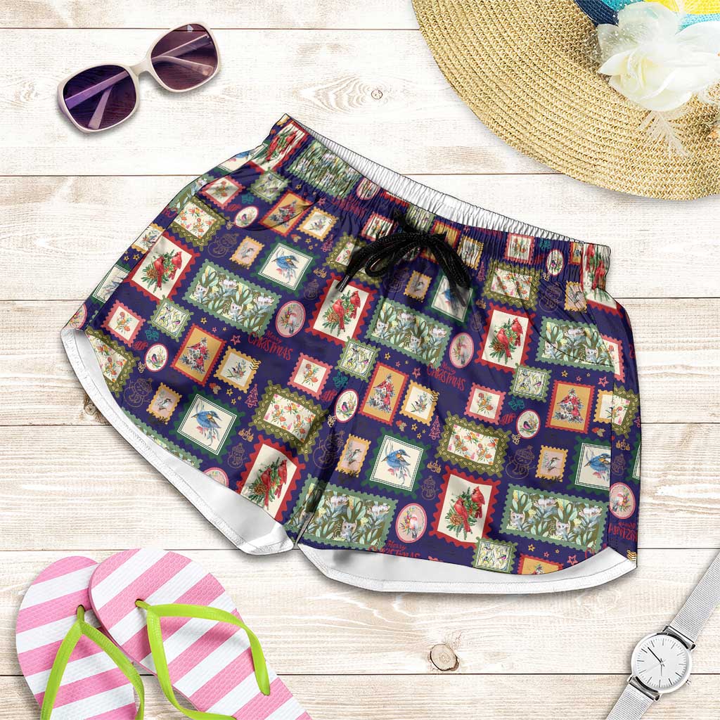 Aussie Birds Christmas La La Land Shorts for Women Navy Blue Vintage Stamp Edition - Aussie Hoodie