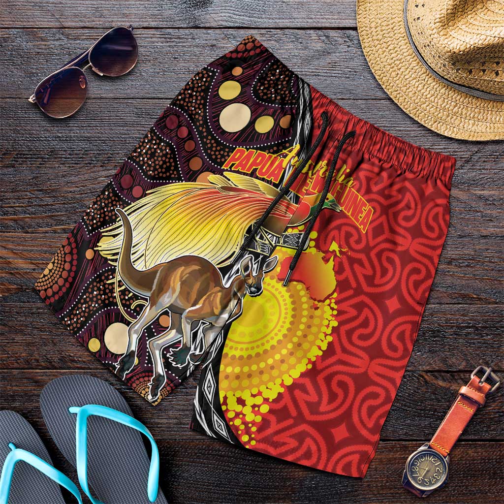 Australia and Papua New Guinea Together Shorts for Men Bird-of-paradise and Kangaroo with Oro Tapa and Aboriginal Art Motifs - Aussie Hoodie