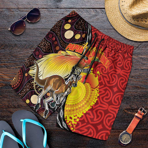 Australia and Papua New Guinea Together Shorts for Men Bird-of-paradise and Kangaroo with Oro Tapa and Aboriginal Art Motifs - Aussie Hoodie