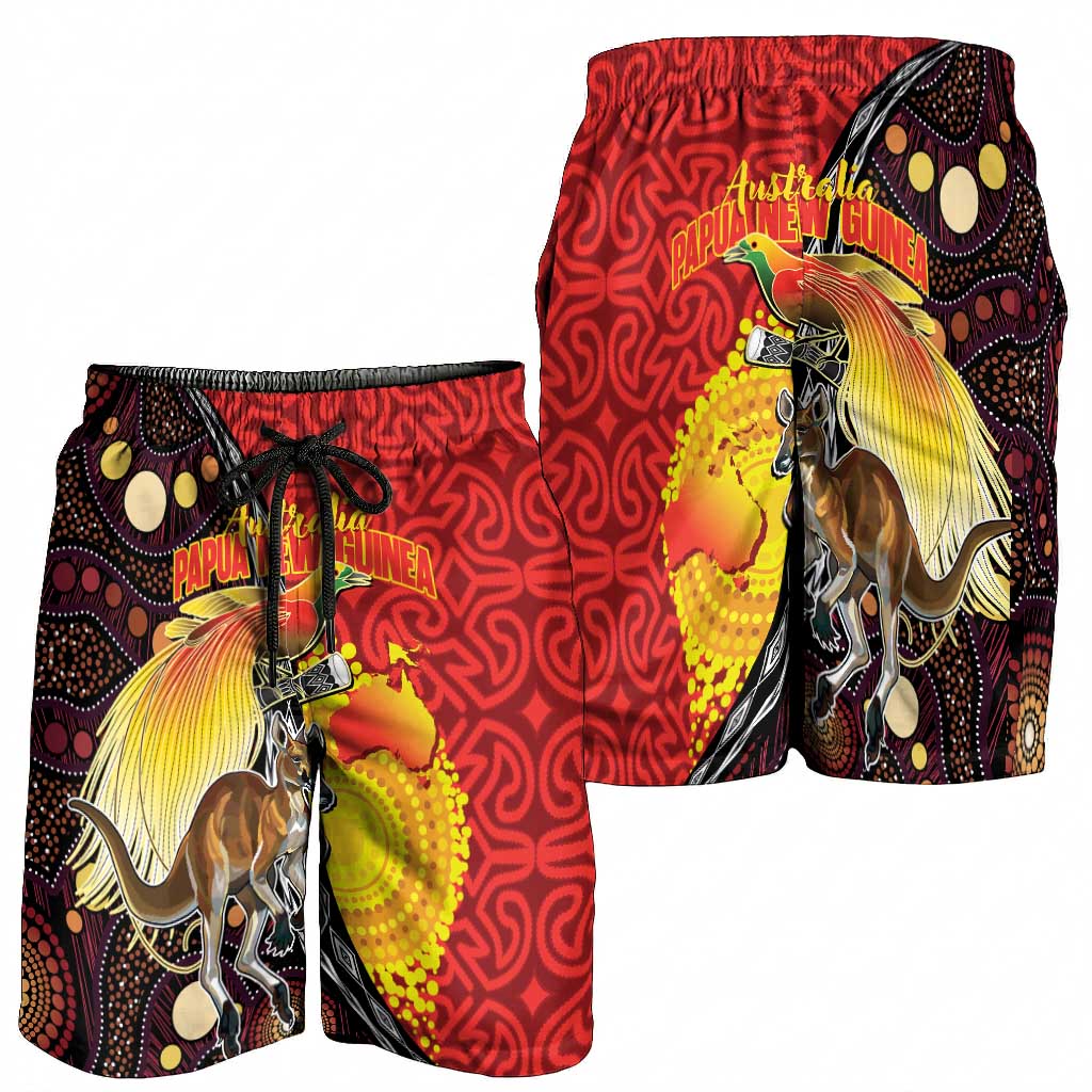 Australia and Papua New Guinea Together Shorts for Men Bird-of-paradise and Kangaroo with Oro Tapa and Aboriginal Art Motifs - Aussie Hoodie