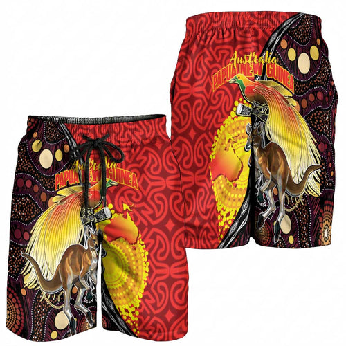 Australia and Papua New Guinea Together Shorts for Men Bird-of-paradise and Kangaroo with Oro Tapa and Aboriginal Art Motifs - Aussie Hoodie