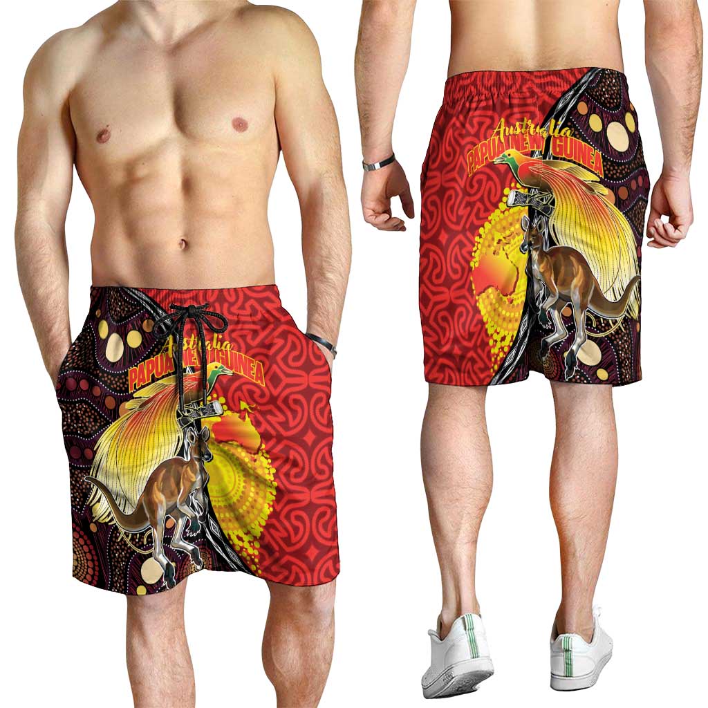 Australia and Papua New Guinea Together Shorts for Men Bird-of-paradise and Kangaroo with Oro Tapa and Aboriginal Art Motifs - Aussie Hoodie