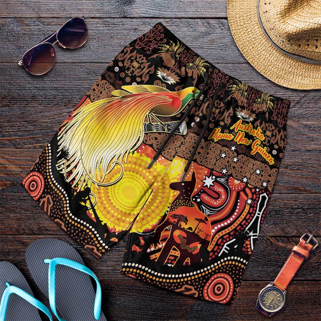 Australia and Papua New Guinea Together Shorts for Men Kangaroo Aboriginal Art and Bird-of-paradise Oro Tribal Motifs - Aussie Hoodie