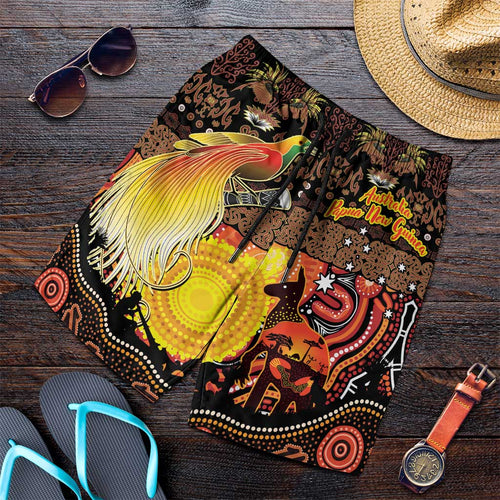 Australia and Papua New Guinea Together Shorts for Men Kangaroo Aboriginal Art and Bird-of-paradise Oro Tribal Motifs - Aussie Hoodie
