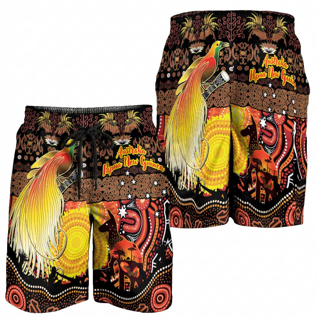 Australia and Papua New Guinea Together Shorts for Men Kangaroo Aboriginal Art and Bird-of-paradise Oro Tribal Motifs - Aussie Hoodie