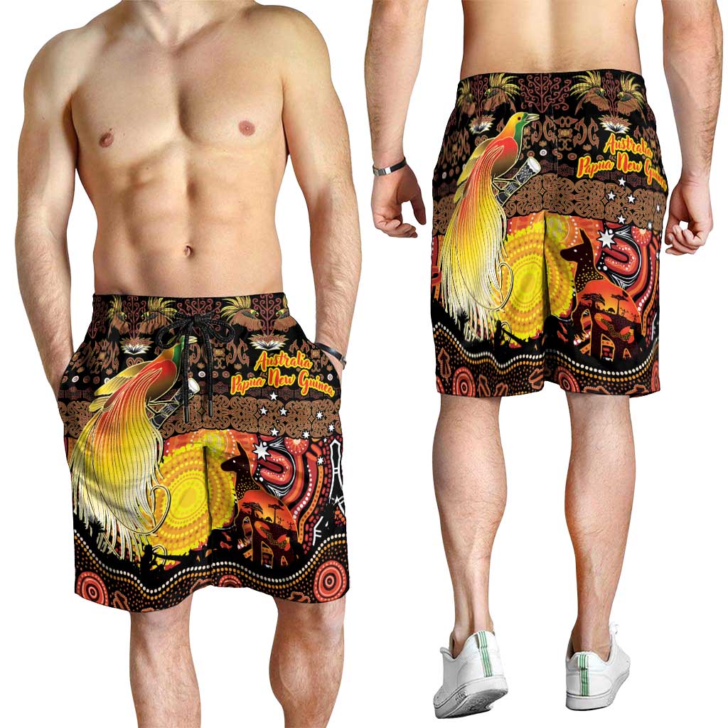 Australia and Papua New Guinea Together Shorts for Men Kangaroo Aboriginal Art and Bird-of-paradise Oro Tribal Motifs - Aussie Hoodie