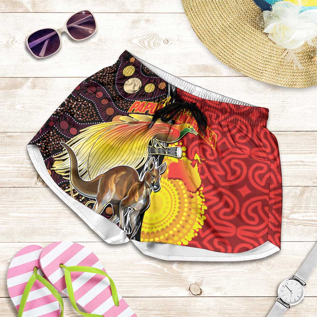 Australia and Papua New Guinea Together Shorts for Women Bird-of-paradise and Kangaroo with Oro Tapa and Aboriginal Art Motifs - Aussie Hoodie
