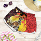 Australia and Papua New Guinea Together Shorts for Women Bird-of-paradise and Kangaroo with Oro Tapa and Aboriginal Art Motifs - Aussie Hoodie