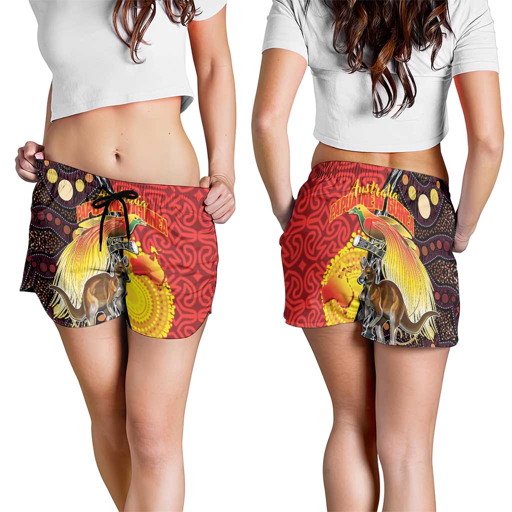 Australia and Papua New Guinea Together Shorts for Women Bird-of-paradise and Kangaroo with Oro Tapa and Aboriginal Art Motifs - Aussie Hoodie
