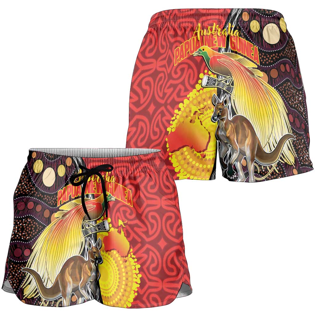 Australia and Papua New Guinea Together Shorts for Women Bird-of-paradise and Kangaroo with Oro Tapa and Aboriginal Art Motifs - Aussie Hoodie