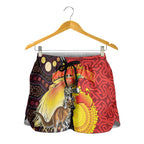 Australia and Papua New Guinea Together Shorts for Women Bird-of-paradise and Kangaroo with Oro Tapa and Aboriginal Art Motifs - Aussie Hoodie