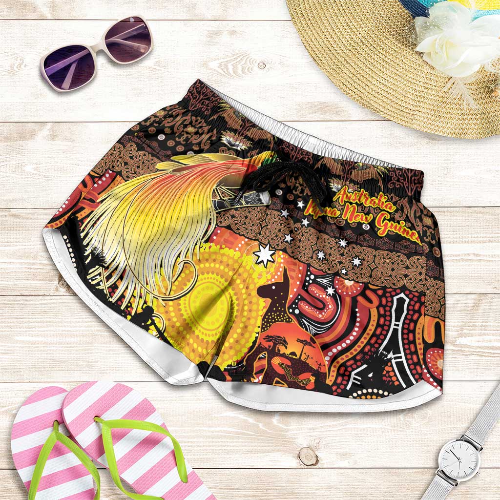 Australia and Papua New Guinea Together Shorts for Women Kangaroo Aboriginal Art and Bird-of-paradise Oro Tribal Motifs - Aussie Hoodie