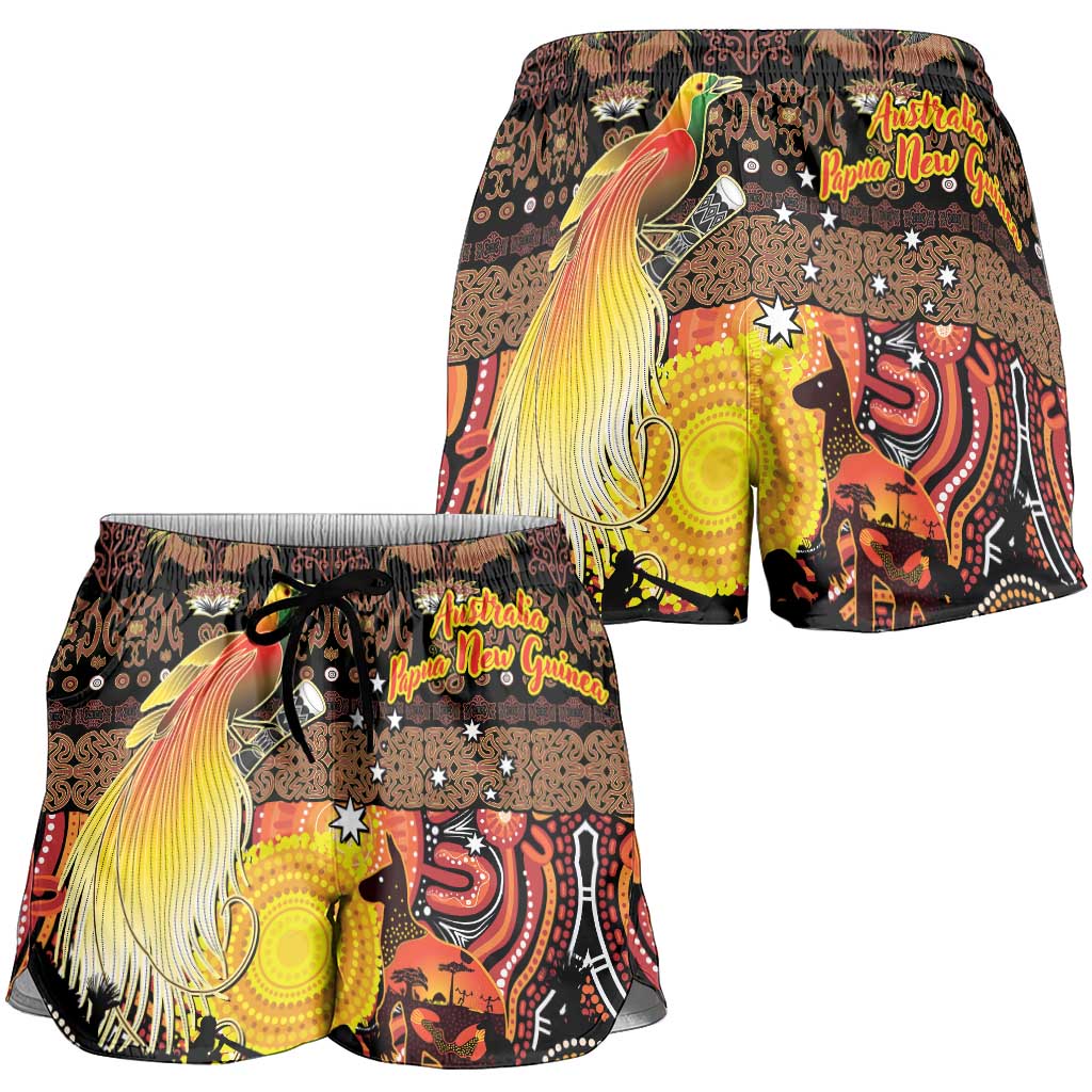 Australia and Papua New Guinea Together Shorts for Women Kangaroo Aboriginal Art and Bird-of-paradise Oro Tribal Motifs - Aussie Hoodie