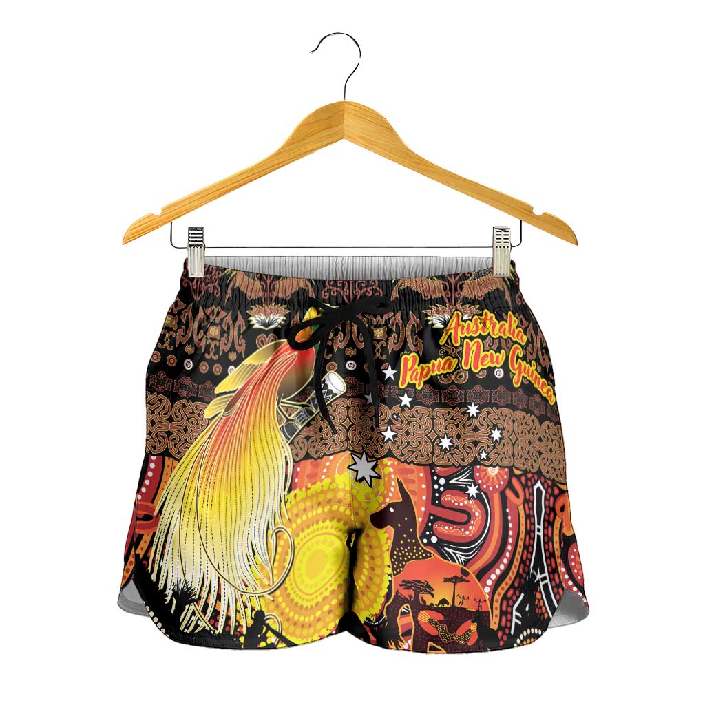 Australia and Papua New Guinea Together Shorts for Women Kangaroo Aboriginal Art and Bird-of-paradise Oro Tribal Motifs - Aussie Hoodie