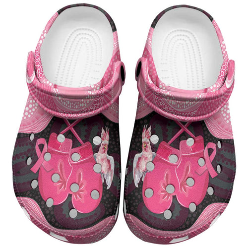 Australia Breast Cancer Awareness Clogs Shoes Pink Cockatoo Fight Boxing Gloves Aboriginal Art