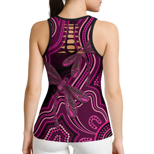 Australia Breast Cancer Awareness Hollow Tank Top Pink Dragonflies Aboriginal Art - Aussie Hoodie
