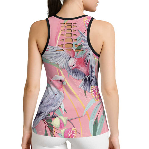 Australia Breast Cancer Awareness Hollow Tank Top Pink Galah with Eucalyptus Flowers - Aussie Hoodie