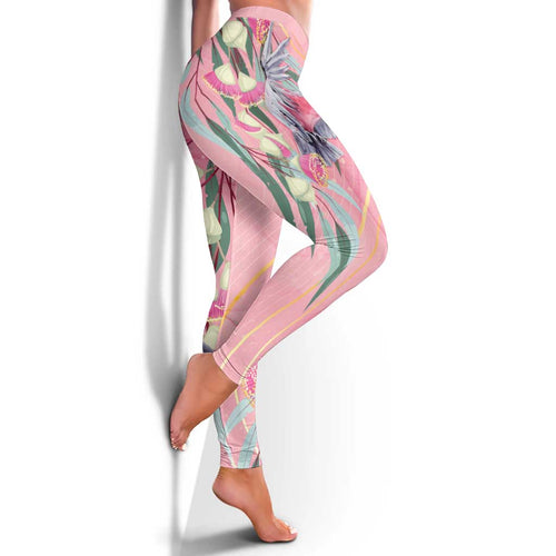 Australia Breast Cancer Awareness Leggings Pink Galah with Eucalyptus Flowers - Aussie Hoodie